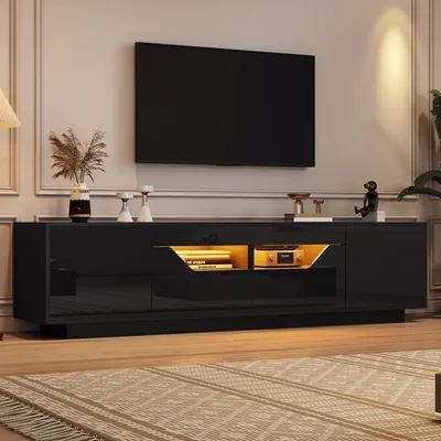 Produktbild von Standfernsehschrank, Lowboard Mit 2 Schubladen und 2 Schränken Hochglanz-TV-Schrank mit LED TV-Board Fernsehtisch Geeignet für 75-Zoll-Fernseher