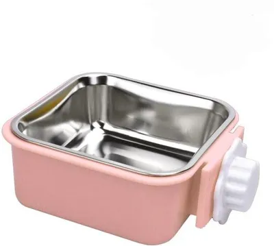Productafbeelding van Ibenzoa® Hangende voerbak met uitneembare roestvazenbak, roze – PP-basis, te bevestigen aan kooiroosters vanaf 1,5 cm, geschikt voor kleine dieren