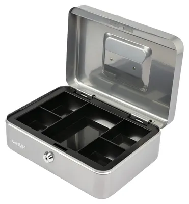 Geldkassette mit Münzeinsatz von HMF mit 25 cm Breite in Silber