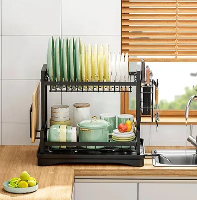Obrázek produktu pro Odkapávač – dvoupatrový odkapávač na nádobí – samoodvodňovací – odkapávací miska – držák na příbory – odtokový otvor otočný o 360° – uhlíková ocel + plast – černý
