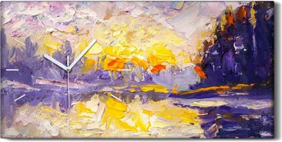 Produktbild von Wohnzimmer-Bild Leinwand Uhr Geräuschlos 60x30 Malerei Fluss Sonnenaufgang Wald - weiße Hände