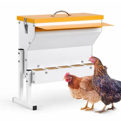 Image de Distributeur automatique de nourriture pour poulets, capacité 16 litres, avec 5 ouvertures de distribution – Distributeur de nourriture pour volailles avec couvercle en métal et protection contre la pluie, distributeur de nourriture résistant aux intempéries