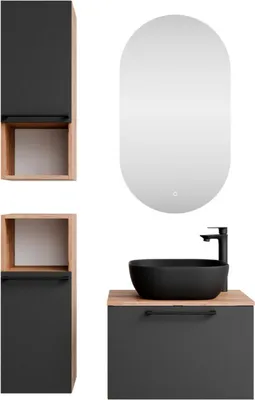 Produktbild von Planetmöbel Waschtischunterschrank Astra 60 cm Gold Eiche/Anthrazit mit schwarzem Waschbecken, LED-Spiegel und 2x Midischrank