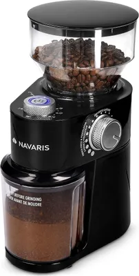 Produktbild von Navaris Elektrische Kaffeemühle mit Edelstahl Scheibenmahlwerk - 200W - für bis zu 14 Tassen Kaffee - 18 Mahlgrade - Kaffee Mühle Schwarz