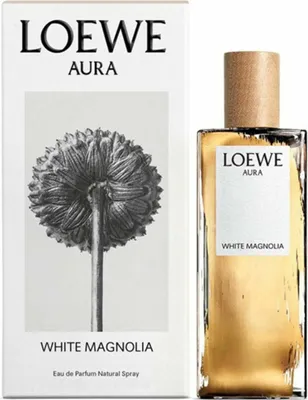 A product shot of a Loewe Aura White Magnolia Eau de Parfum bottle and its packaging.