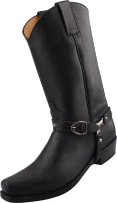 Auf dem Bild ist ein schwarzer Stiefel zu sehen der eine schlichte und elegante Form hat. Der Stiefel ist von der Seite abgebildet und zeigt ein höheres Schaftdesign.