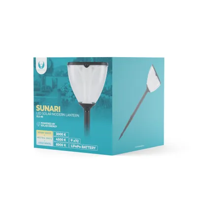 The image shows the packaging of a solar LED lantern.