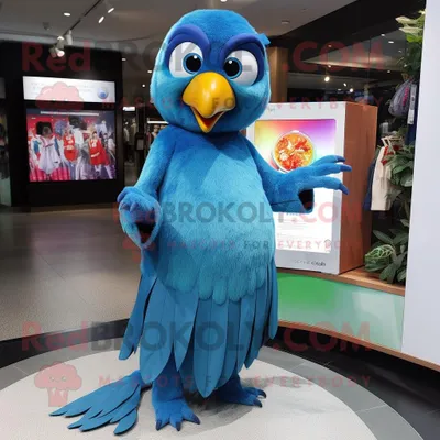Produktbild von Blauer REDBROKOLY Papagei als Maskottchen kostüm gekleidet in ein Maxikleid und Ohrringe