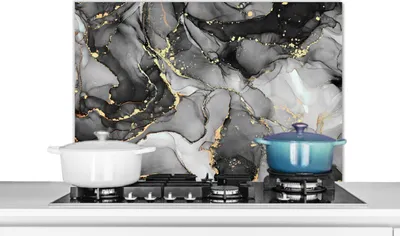 Produktbild von KitchenYeah®  Spritzschutz Küche - Küchenrückwand - Wandschutz für Herd und Spüle - Marmor - Schwarz - Gold - Grau 90x60 - Alu-Dibond (Alternative zum Spritzschutz aus Glas) - Hitzebeständig - Herdspr