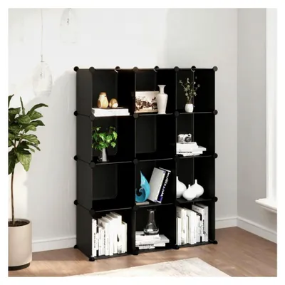 Produktbild von Regalsystem mit 12 Würfeln in Schwarz, Vitrine, Raumteiler, Steckregal, Stufenregal, Bücherregal, Schrankregal