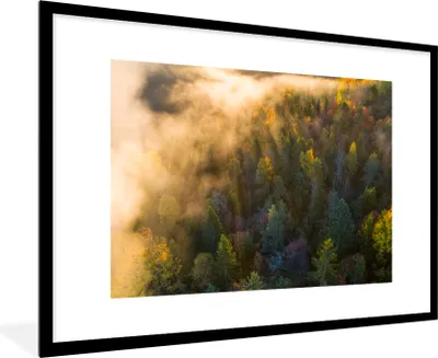 Produktbild von MuchoWow® MuchoWow® Gerahmtes Poster Wald - Nebel - Sonnenuntergang 90x60 cm - Poster mit zchwarzem Bilderrahmen - Wanddekoration - Fotos