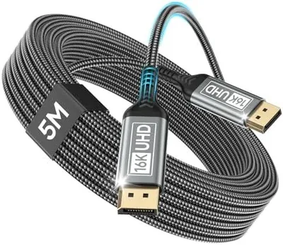 Produktbild von DisplayPort Kabel 2.1 5M-DP Kabel Unterstützt 16K@60Hz, 10K@60Hz, 8K@120Hz, 4K@240Hz/165Hz/144Hz, 2K@360Hz/240Hz, 80Gbps, HDR, DSC1.2a, FreeSync, G-Sync für Gaming Monitor, Grafikkarte, PC