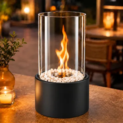 Produktbild von ZMH Tischfeuer Bioethanol 16×26.9CM Tischkamin mit dekorativen Steinen Edelstahl Rund Innen drausen Glaskamin Feuerstelle für Wohnzimmer party Schwarz