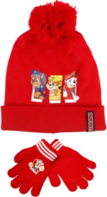 Produktbild von Paw Patrol Chase Kinder Herbst Winter Set Mütze Handschuhe – Rot / 52