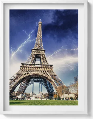 Produktbild von Eiffelturm, Blitze und Gewitter– Wandbild mit Rahmen – Gerahmtes Bild  – Wanddekoration – 60x80 cm –  Weiß Rahmen