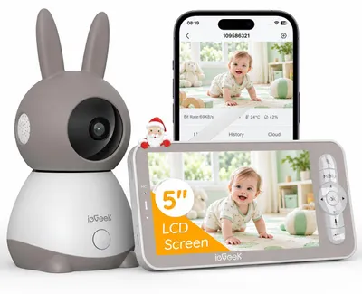 Zdjęcie produktu dla Monitory niemowlęce z kamerą 2K, 5-calowy ekran, Wi-Fi, wideo, funkcja PTZ (obracanie i pochylanie), 360° widoczność, podczerwień (widoczność w nocy), automatyczne śledzenie, wykrywanie płaczu, wykrywanie ruchu i dźwięku, wyświetlanie temperatury