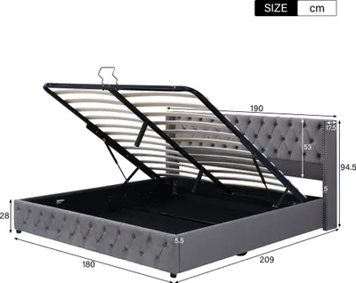 Immagine prodotto di letto imbottito okwish 180x200 cm, letto matrimoniale, letto funzionale idraulico con rete，testiera alta，tessuto non tessuto antivegetativo nero (grigio)
