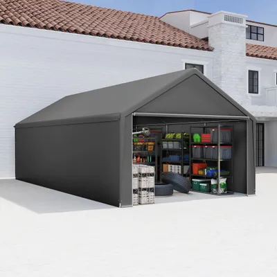 Produktbild von LZQ Lagerzelt Geräteschuppen Carport Weidezelt Großes Outdoor-Zelt mit UV-beständigem Dach & Seitenwänden, Winterfest 4x8 m Grau