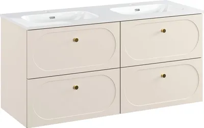 Produktbild von Doppelwaschtisch 120 cm in sandbeige mit Einbauwaschbecken, hängend mit goldenen Knopfgriffen - DESENZANO-56