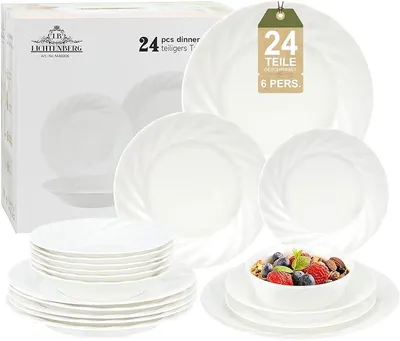 Imagen del producto de Juego de vajilla de 24 piezas para 6 personas, porcelana, color blanco