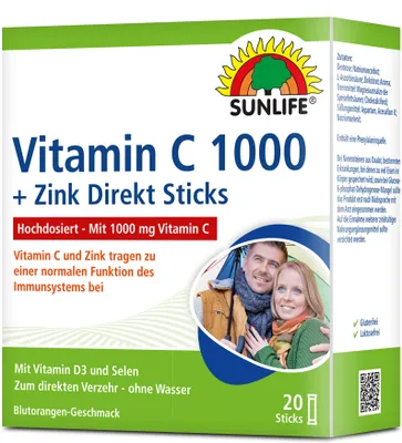 Produktbild von SUNLIFE® Vitamin C 1000 mg hochdosiert 20 Direkt Sticks + Zink Selen Vitamin D3 Komplex Immunsystem Gesundheit