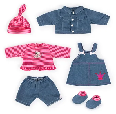 Produktbild von Bayer Design 84618AA Kleider-Set für Puppen 42-46cm, 6 Teile, Kleid, Hose, Shirt, Jeans, Babypuppen Anziehsachen, rosa