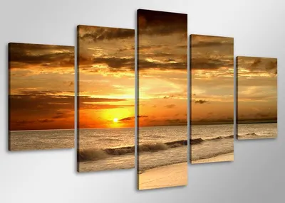 Produktbild von Visario Leinwandbild Sonnenuntergang Strand 100x50 cm – 5-teilig, Bild Wandbild Kunstdruck, aufhängfertig, Echtholzrahmen, Zackenaufhänger, Art. 6407