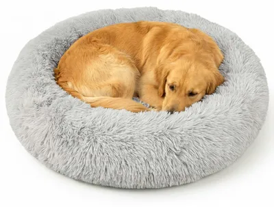 Produktbild von Relaxdays Hundebett flauschig, rundes Katzenbett, Ø 100 cm, Hundekissen für mittlere Hunde, Haustierbett waschbar, grau