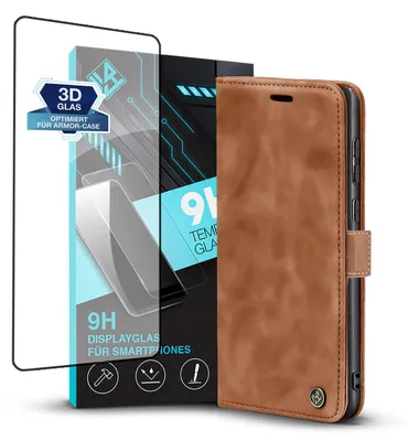 Produktbild von Handy Hülle für Samsung Galaxy S24 Ultra mit 9H Displayglas Klapphülle Bookcase Flip Cover Handy Tasche Etui Farbe: Hellbraun