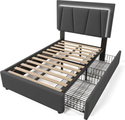 Produktbild von Polsterbett 90x200 cm Grau mit LED-Beleuchtung, 2 Schubladen und höhenverstellbarem Kopfteil, Bettgestell für Schlafzimmer