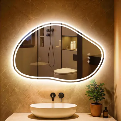 Produktbild von PESENXAN Asymmetrischer Spiegel mit Beleuchtung, Badspiegel mit Beleuchtung, Antibeschlag, 3 Lichtfarben, LED Spiegel Bad mit Touch-Schalter,  80x53cm