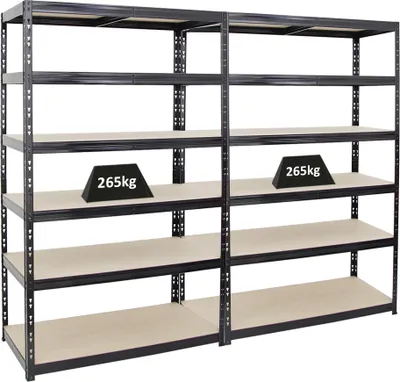 Produktbild von Mega Deal | 2x Schwerlastregal Giant Tiger | HxBxT 200x120x60cm | Fachlast 265kg | 6-Ebenen | Schwarz | Garagenregal, Lagerregal, Steckregal, Kellerregal, Werkstattregal