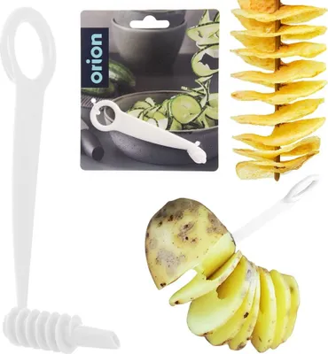 A collage of images showing a potato spiralizer tool, a potato being cut into spirals, and a skewer of spiralized potato chips.