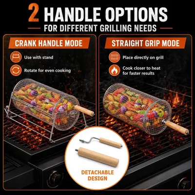 Zdjęcie produktu dla Omgoods - Obrotowy kosz do grillowania z stali nierdzewnej, 2 w 1, idealny do warzyw i krewetek