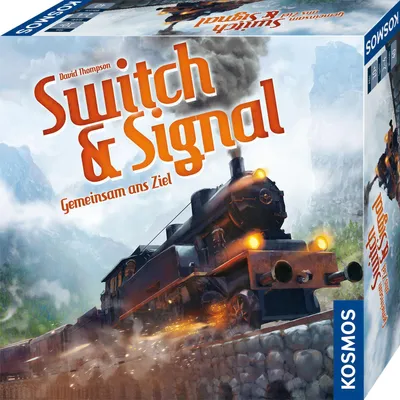 The image shows the box art for the board game "Switch & Signal" by KOSMOS. It features a steam train on a bridge with mountains in the background.