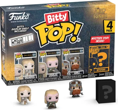 A Funko Bitty Pop! 4-pack box set featuring Lord of the Rings characters Galadriel, Legolas, and Gimli, along with a mystery pop. The box is displayed with the figures partially visible and a separate mystery box.
