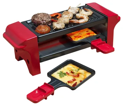 Produktbild von Bestron Raclette für 1 bis 2 Personen, Mini Tischgrill mit zwei Pfännchen und zwei Holzschabern, 350 Watt, Farbe: Rot
