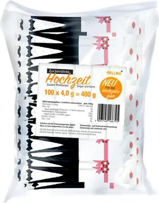 Produktbild von Hellma Zucker-Sticks Hochzeit, Zucker, Portionszucker, Feinzucker, Zuckertüten, für Gastro, Hotel, Büro, Kantine, 100 Stück á 4 g