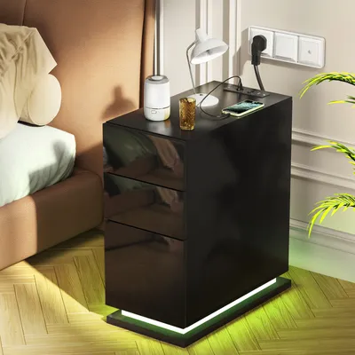 Image de Table de nuit avec éclairage LED avec 3 tiroirs 63x50x30cm noir