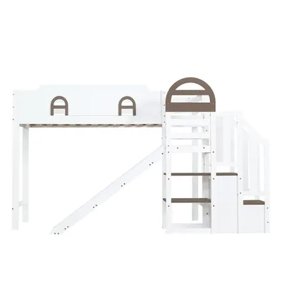 Produktbild von Flieks Etagenbett 90x200cm mit Stauraumtreppe, Kinderbett Hausbett mit Rutsche, Hochbett Holzbett mit Regal & Schubladen, Stockbett Weiß