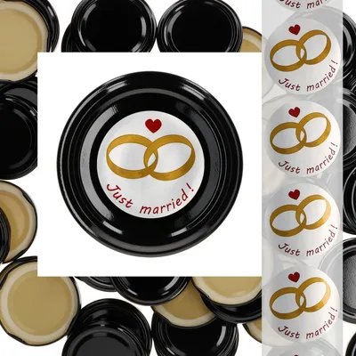 Produktbild von 50er Deckelset TO66 schwarz Hochzeits-Etiketten Just Married Geschenk Marmelade Give Aways Einkoch