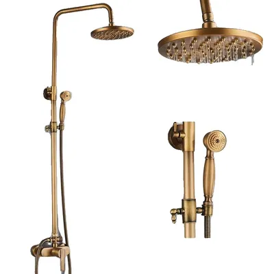 Produktbild von Duscharmatur-Set, Antik-Messing, 8''-Regenduschkopf und Handbrause aus Vollmessing, verstellbare Stange 80–120 cm, Messinggriff A