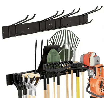 Image de Support mural 2 en 1 pour balais et outils de jardin, support pour pelles, support à outils métallique robuste pour outils de jardin d'une capacité de charge de 150 kg, pour garage, jardin ou cave (noir)