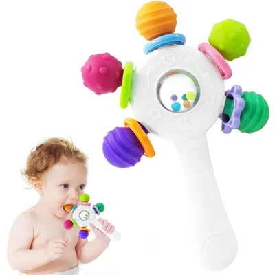 Produktbild von Baby Beißring Spielzeug mit Rassel – Sensorik Lernspielzeug 3-12 Monate Weiß