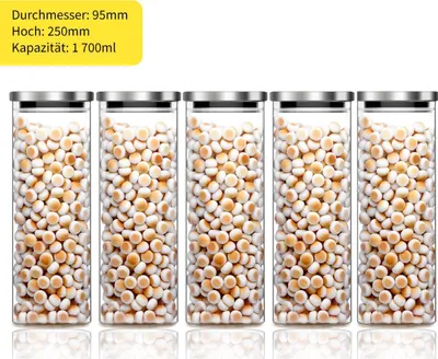 Produktbild von 7MAGIC Vorratsgläser aus Glas & Edelstahl, Ø 9,5 cm, 1,7 Liter, 5er Set, luftdicht, auslaufsicher, BPA-frei, spülmaschinenfest, transparent-silber