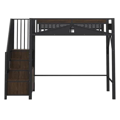 Produktbild von Flieks Etagenbett 90x200cm mit Treppe, Hochbett mit Schrank und Staufach, Kinderbett mit Rausfallschutz und Lattenrost, Metallbett Einzelbett, Schwarz