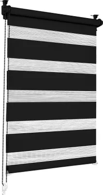 A black and white striped roller blind is shown hanging against a white background.