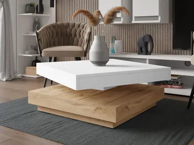 A modern living room scene featuring a two-tiered coffee table.
