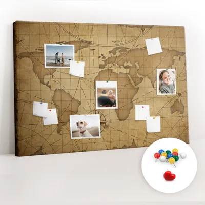 Obrázek produktu pro Korková nástěnka s kolíčky - Tabule s kolíky pro fotografie a poznámky - 120x80 cm - Připínáčky barevné 100 kusů - Vintage mapa světa