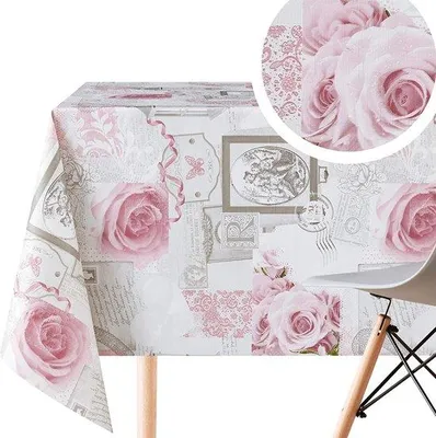 Produktbild von DigiRigi® Abwischbare PVC-Tischdecke 250x140 cm – grau mit staubig-rosa Rosen im Shabby-Chic, wasserdicht, Vinyl mit Vliesrückseite, rechteckig für bis zu 8 Personen